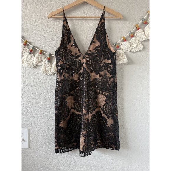 Free People Night Shimmers Sequin V-Neck Lined Mini Dress Black Glam Party Prom - Picture 3 of 12